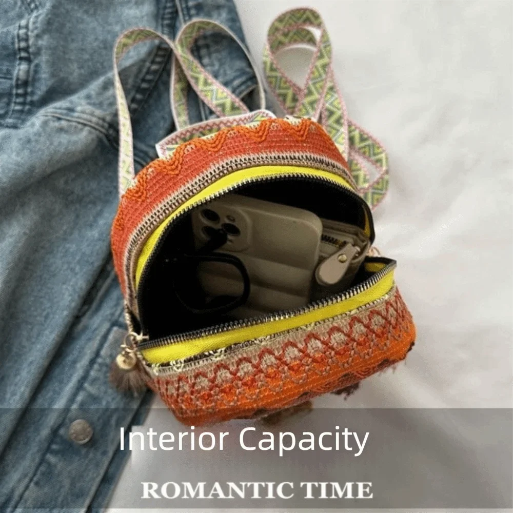 جديد شرابة المنسوجة حقيبة مزدوجة نمط فريد من نوعه المنسوجة الملمس حقيبة من القماش نمط العرقية على ظهره المرأة #3