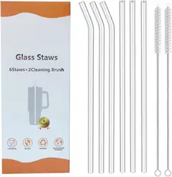 6 pcs Reusable Clear Glass Straws with Cleaning Brush for Stanley 40 Oz Cup Replacement Straws