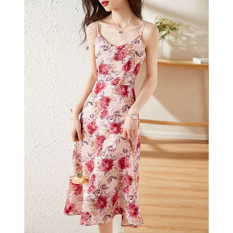 2023 Summer New Women's Jacquard Breathable Slimming All-Match Lace Printed V-neck Brace Ladies Dress