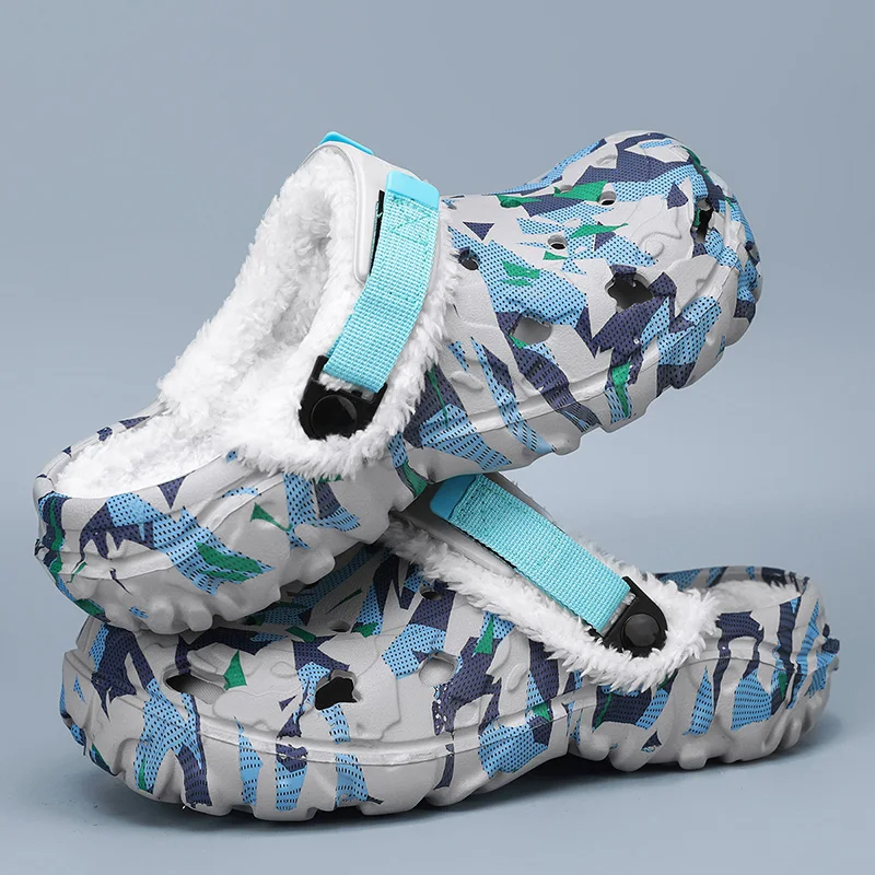 Men Camo Fleece Lined Clogs Big Size 48 49 Male Removable Plush Liner Warm Non‑Slip Winter Slippers for Indoor Outdoor