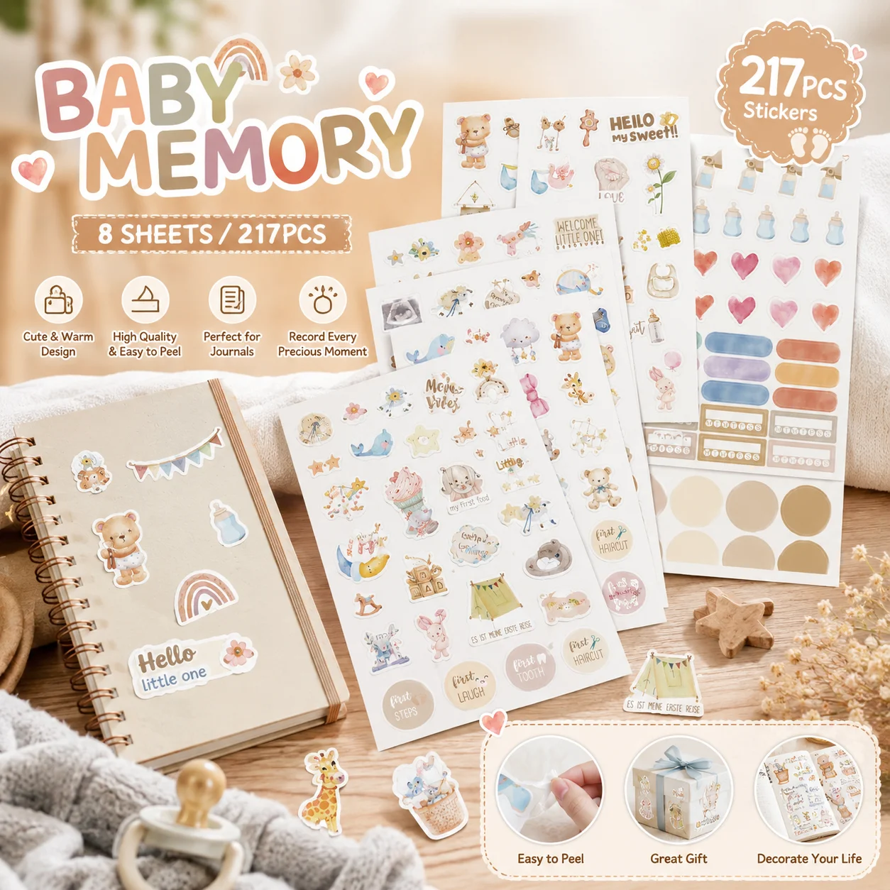 Baby-Erinnerungsaufkleber-Set, 8 Blätter 217 Stück Neugeborenen-Meilenstein-Scrapbook-Aufkleber, Niedliche Matte Aufkleber für Babyalbum, Tagebuch, Geschenk