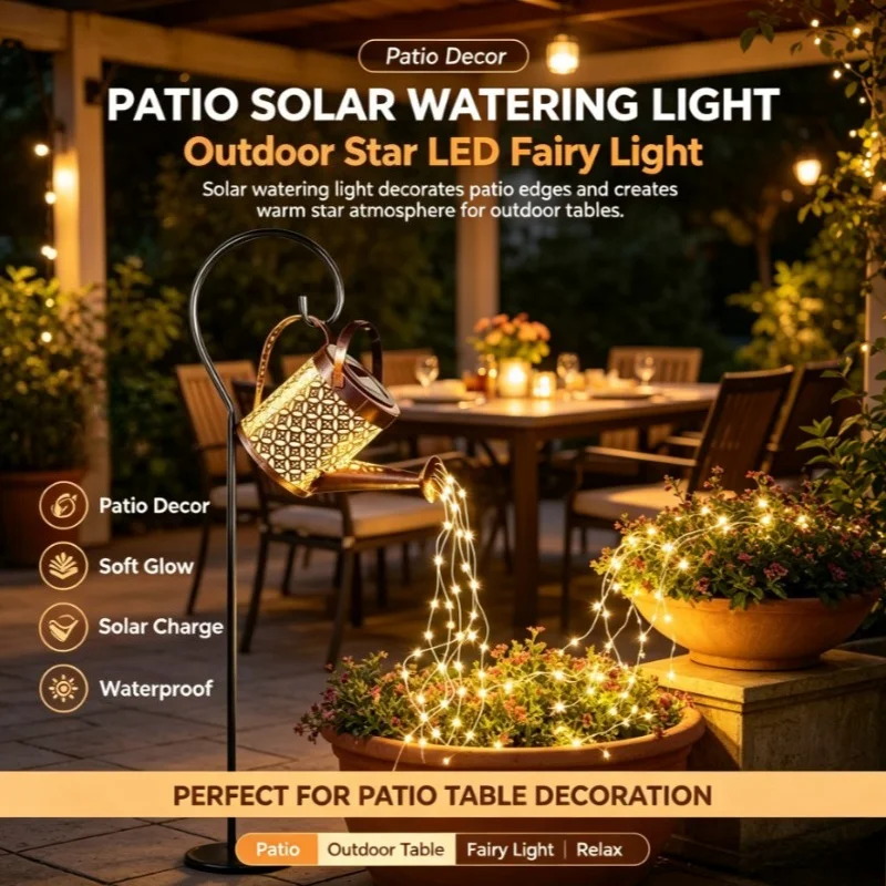 Solar Watering Can Light, Metal Garden Lantern with Flowing Star Fairy LEDs for Flower Beds, Courtyards and Lawn Displays