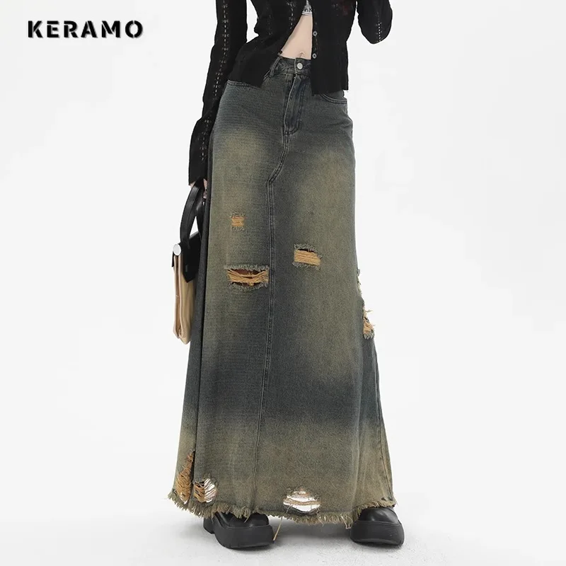 2024 Spring Vintage High Street Retro Ripped Denim Skirt Women's Grunge High Waist Y2K High Street Tassels Lady Trashy Skirt