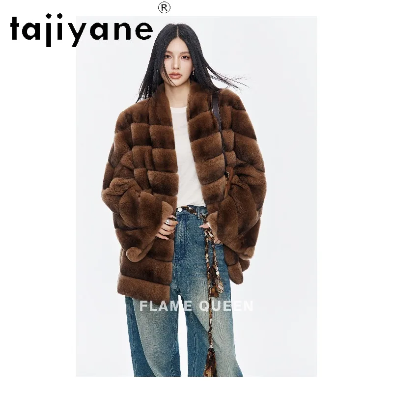 TAJIYANE Real Rex Rabbit Shearling Fur Coat Woman Mid‑Length Overcoat Oversized Fur Jacket Winter Furry Outerwear Warm Chic Шуба