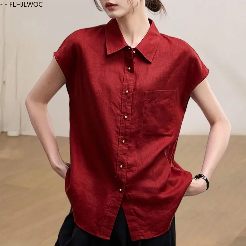 Mince aéré pur coton lin chemise femmes nouveauté doux lâche Blouse vin rouge confortable décontracté rétro Vintage hauts