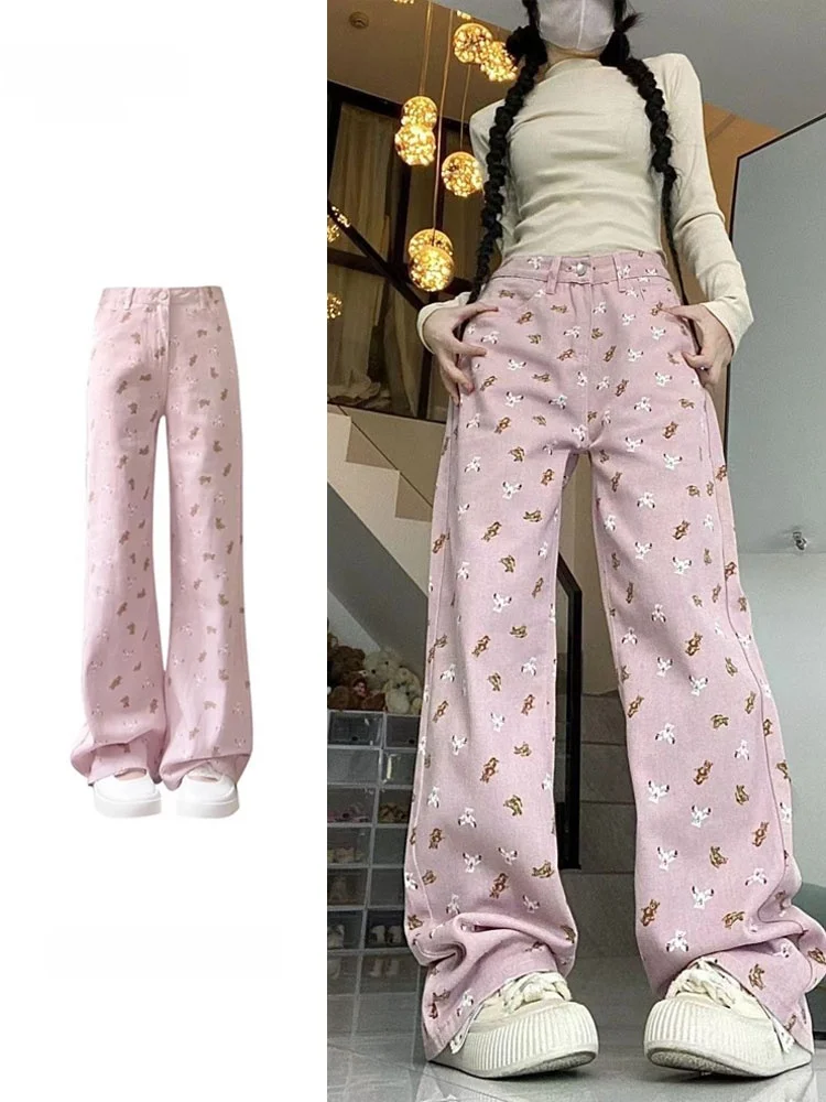 High Waist Loose Wide Leg Micro Flared Denim Jeans Women's Large Size Pink Bear Print Casual Straight Leg Trousers