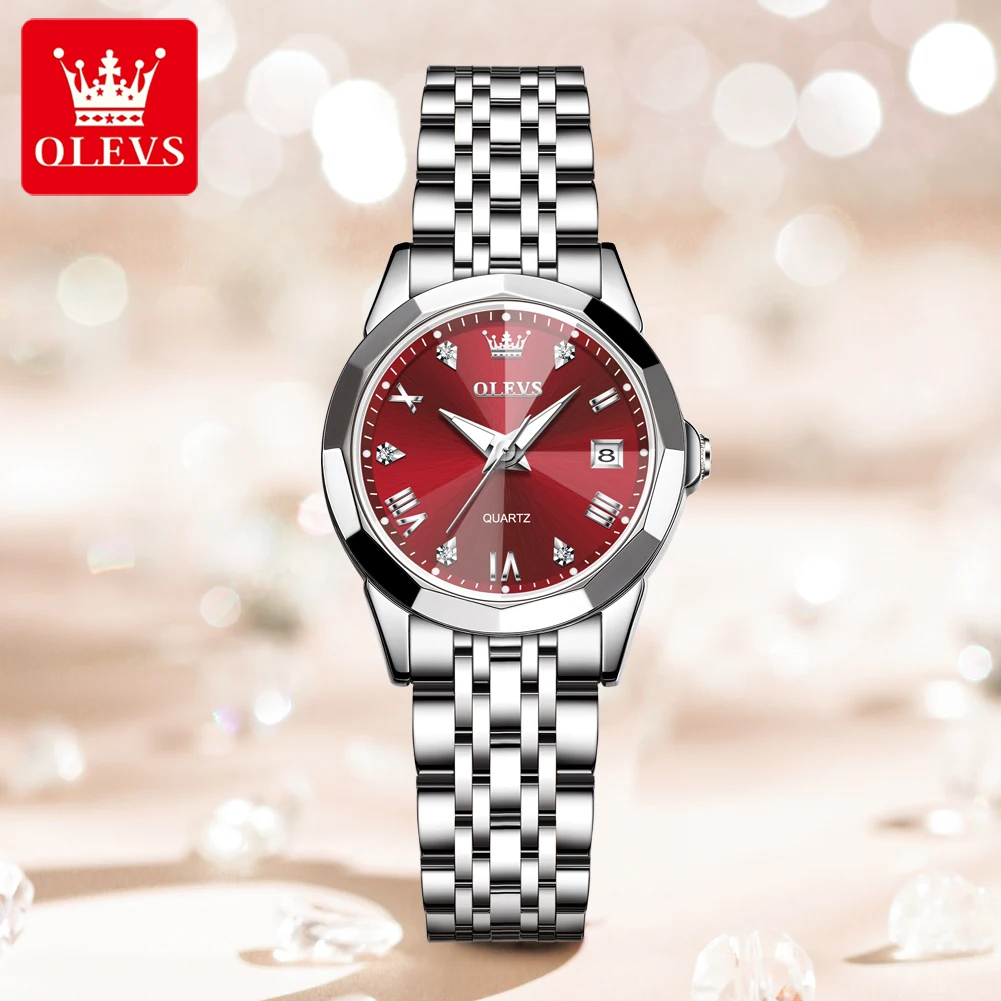 OLEVS Top Brand Women's Watches Elegant Rhombus Mirror Quartz Wristwatch Ladies Stainless Steel Waterproof Luminous Clock Women