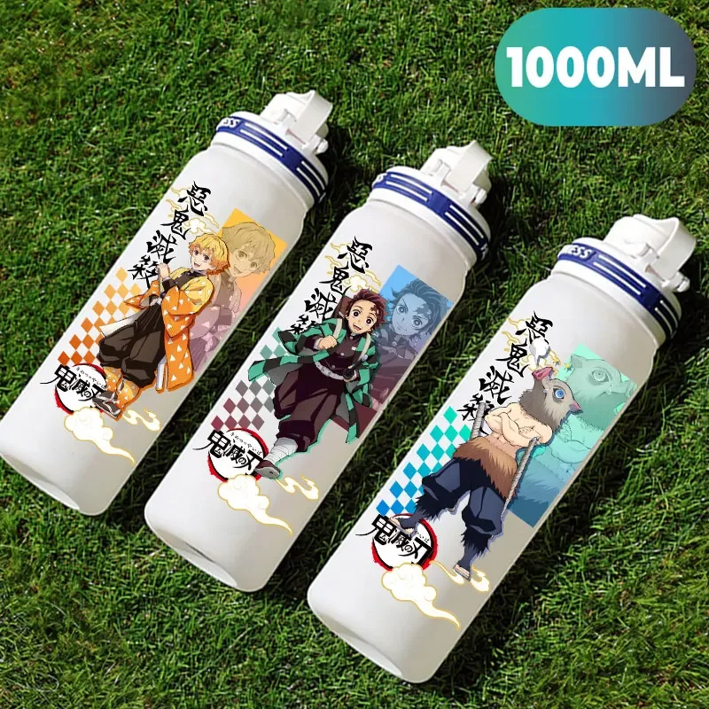 

1000ml Frosted Water Bottle For Demon Slayer Hot Blooded Animation with Scale Mark Kamado Tanjirou Anime Fans White Plastic Cup