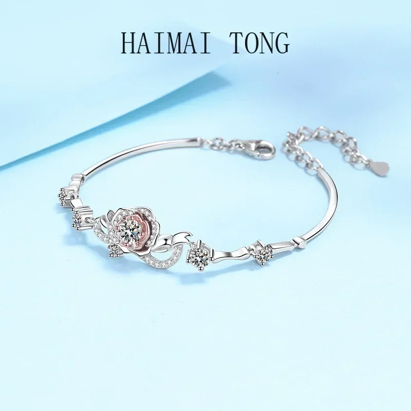 

Quality Platinum PT950 Luxury Fine Jewelry GRA Sparkling 1.4CT Real Moissanite Diamond Rose Flower Halo Bracelet for Women Gift
