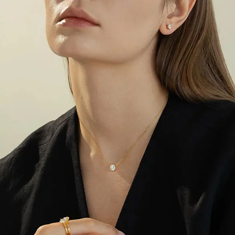 Women Stainless Steel Gold Plated Solitaire Zircon Pendant Necklace Jewelry For Daily Wedding Party Ladies Gift Accessories