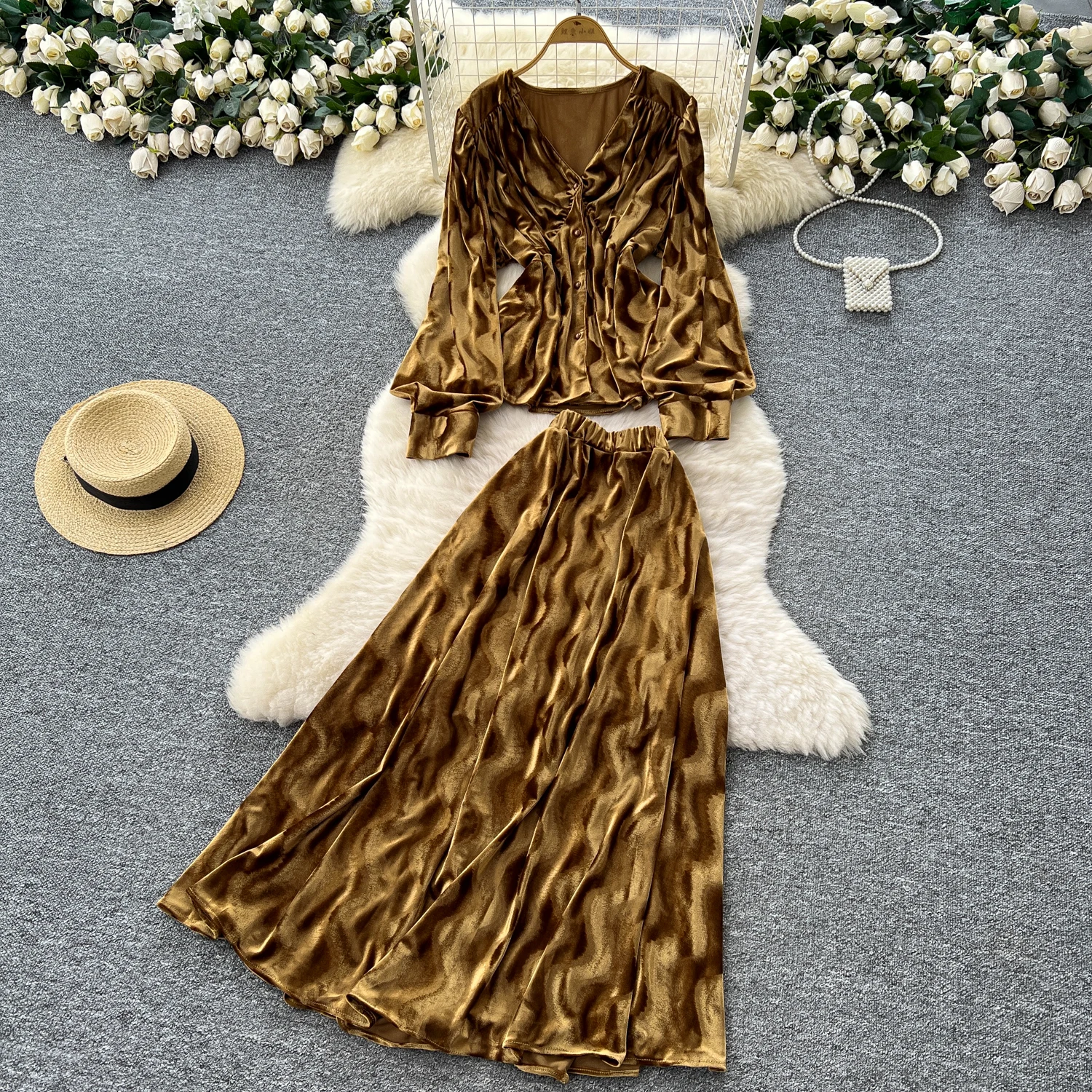 

Chic vintage V-neck velour Elegant Fairy korean fashion Boho Sundress women clothing Long dress