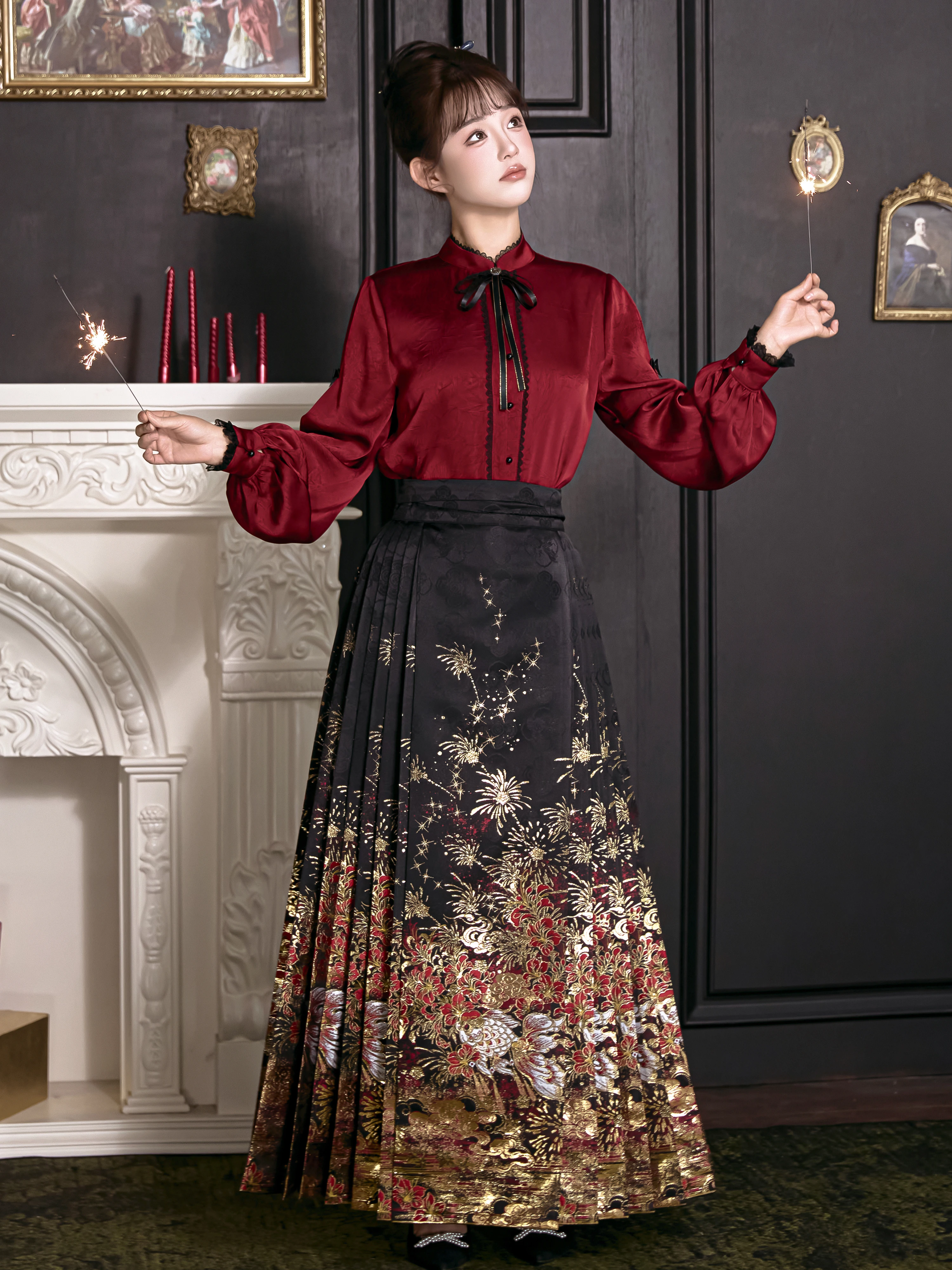 Original Hanfu Semi-skirt  Tail Skirt Double Warp Weave Lantern Flower Night Banquet Set New Arrival 2026 Polyester Fiber