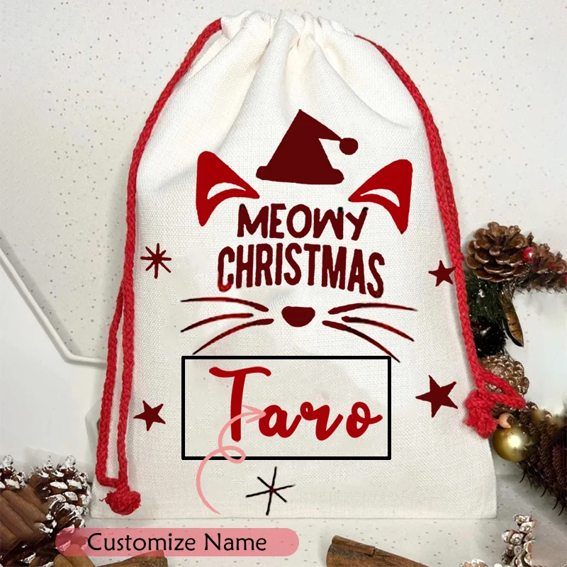 Personalised name Pet Cat boy girl Santa Sack Merry Christmas holiday Xmas eve Stocking present box 2024 New Year gift toy Bag