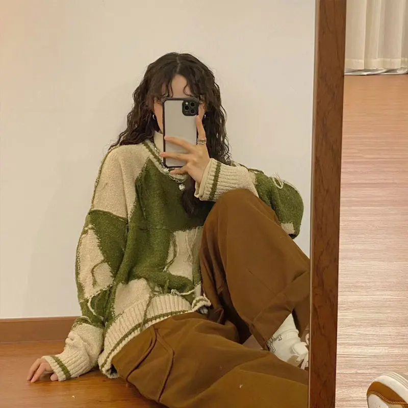 Women\'s Green Gothic Y2k Two-tone Knitted Sweater Harajuku Korean Y2k Long Sleeves Jumper Sweaters Vintage 2000s Clothes Autumn