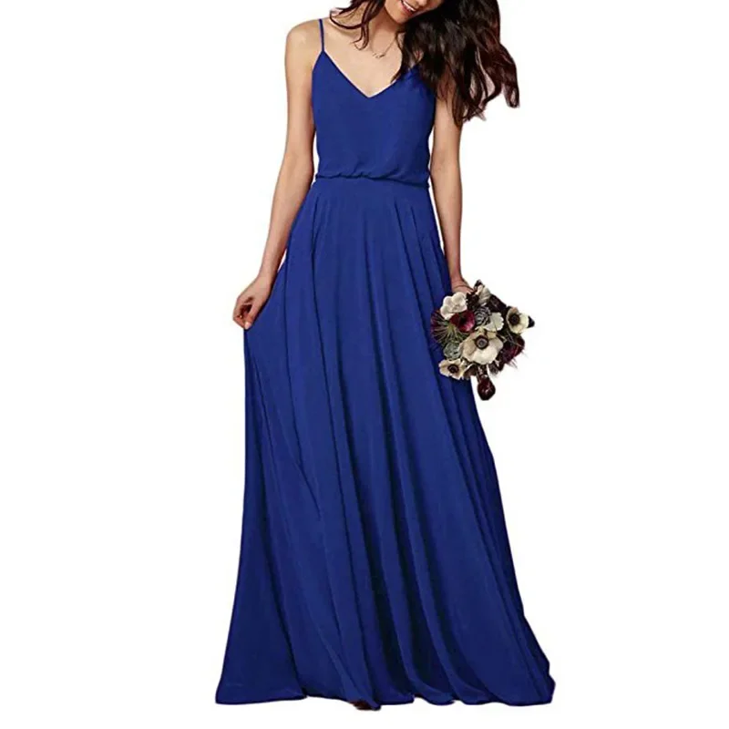 Customized Temeprament Sexy V-neck Solid Wedding Party Vestidos Simple Slim Waist Sling Elegant Evening Dresses Simple Bridesmai