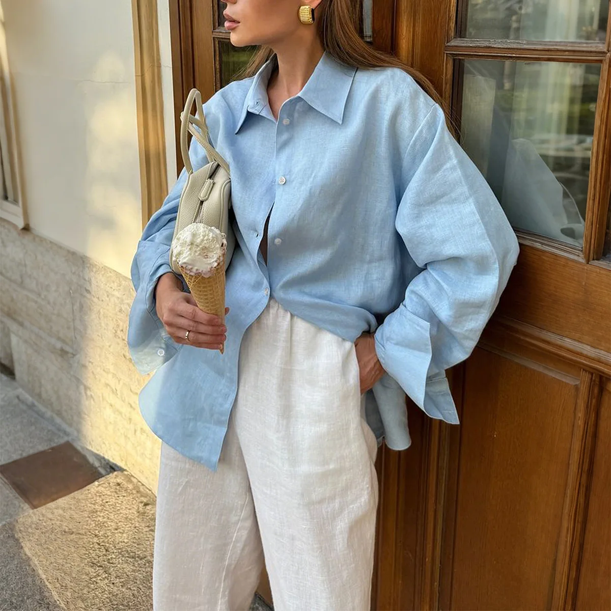 

2025 Autumn New Casual Loose Women Vacation Top Versatile Solid Color Female Long Sleeve Shirt