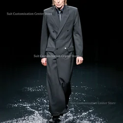 Men's Solid Long Jacket Set 1 Piece New Arrival Fashion Double Breasted Peak Lapel Daily Street Photo Trip Work Casual Male Wear
