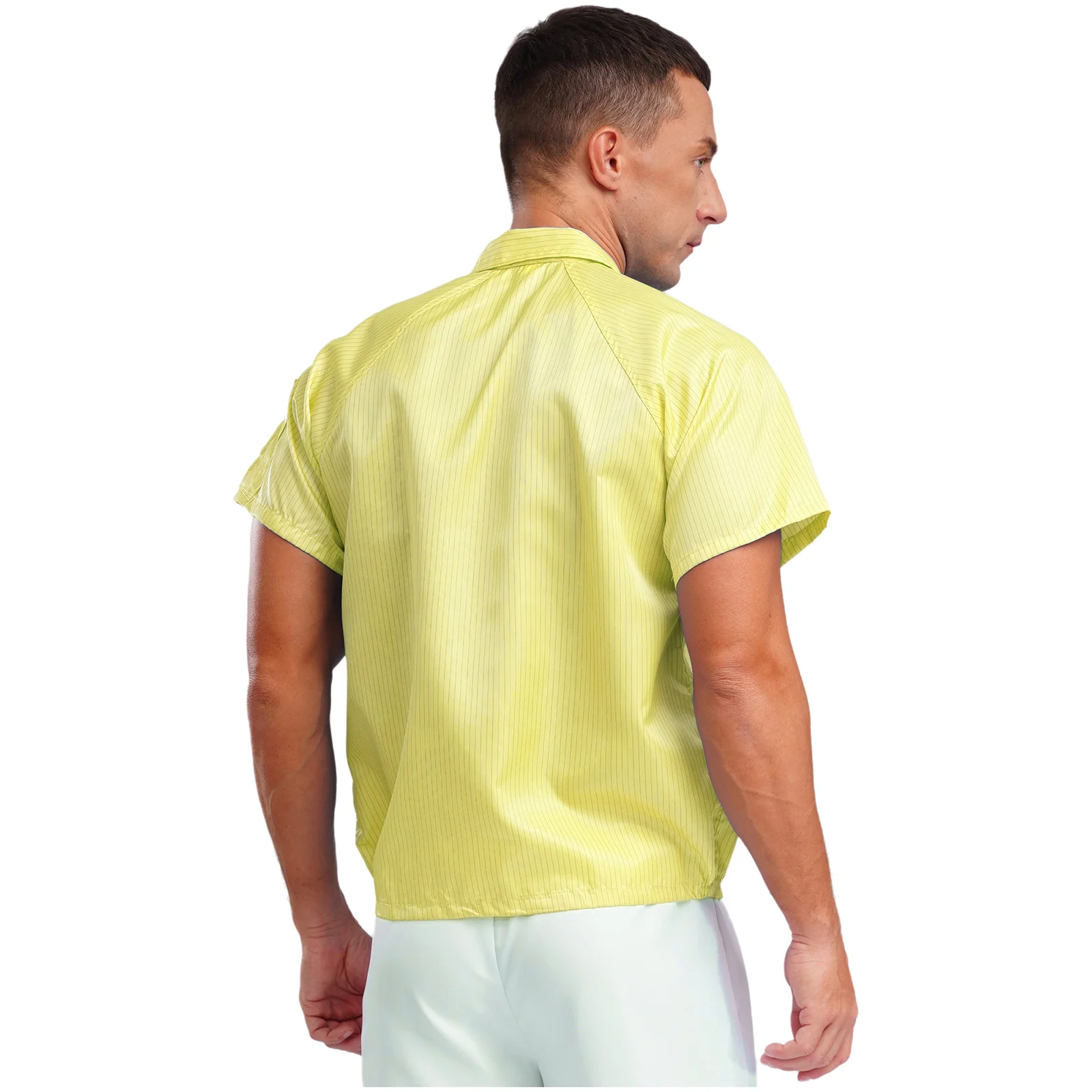 Men Dust-proof Factory Work Tops Clothes Labor Short Sleeves Pockets Front Zipper Jacket Striped Work Shirt Summer Work Uniforms