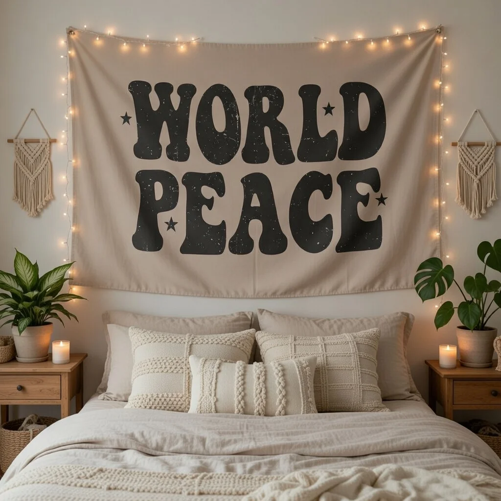 Vintage World Peace Distressed Fabric Wall Tapestry Retro Grunge Black Lettering Aesthetic Beige Banner Hanging Decor for room