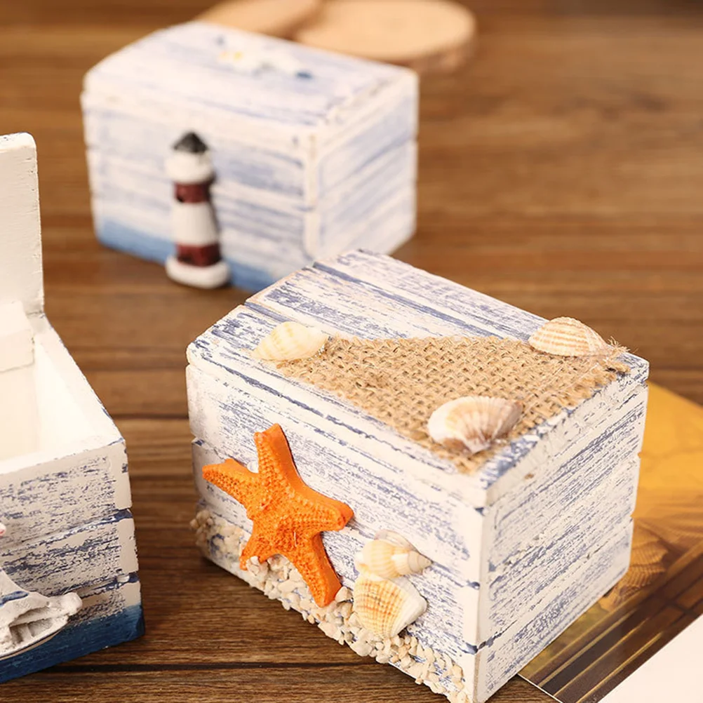 2Pcs Wooden Jewelry Box Mediterranean Style Storage Organizer Sundries Case Desktop Decoration Gift Box Sea Star Pattern