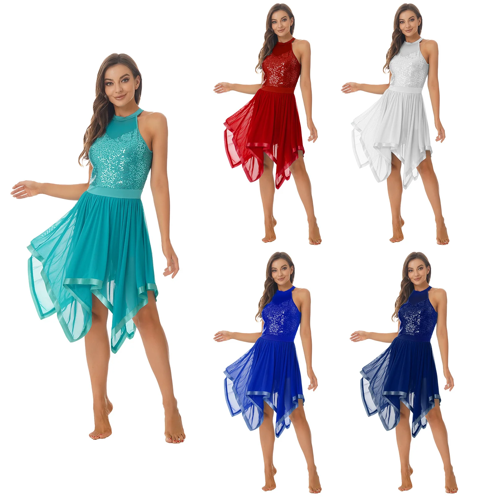 Women Shiny Sequins Lyrical Dance Dress Sleeveless Backless Asymmetrical Hem Mesh Ballet Dress Contemporary Dance Costumes