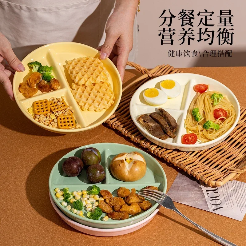 Round Three Grid Plate Ceramic 211 Fat Reducing Grid Plate Breakfast Separate Plates Adults Children Weight Loss Fruit Platters