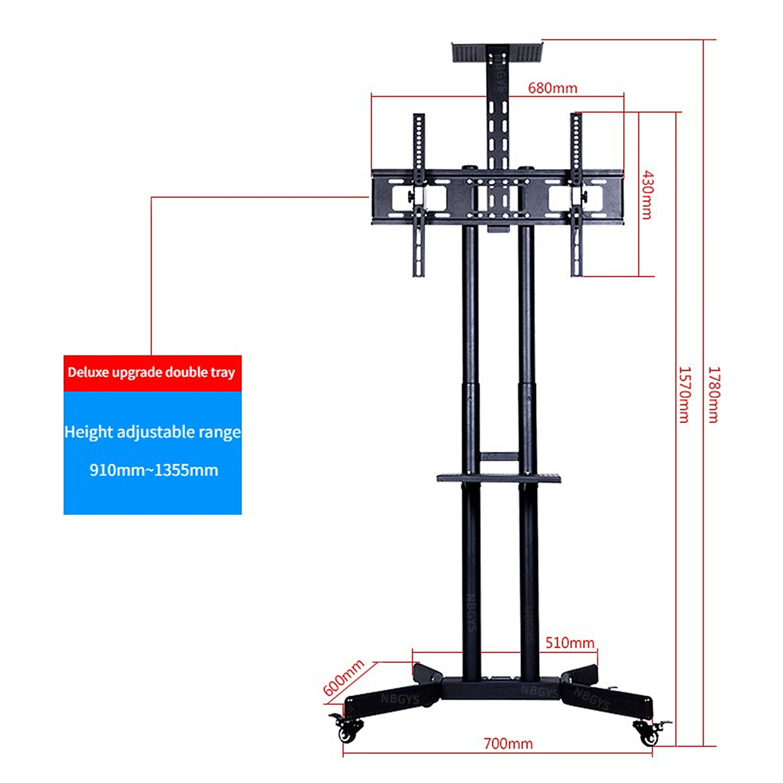 LCD PTS002-1 Mobile TV Cart Adjustable Floor-Type Rack 42 49 50 60 70-Inch