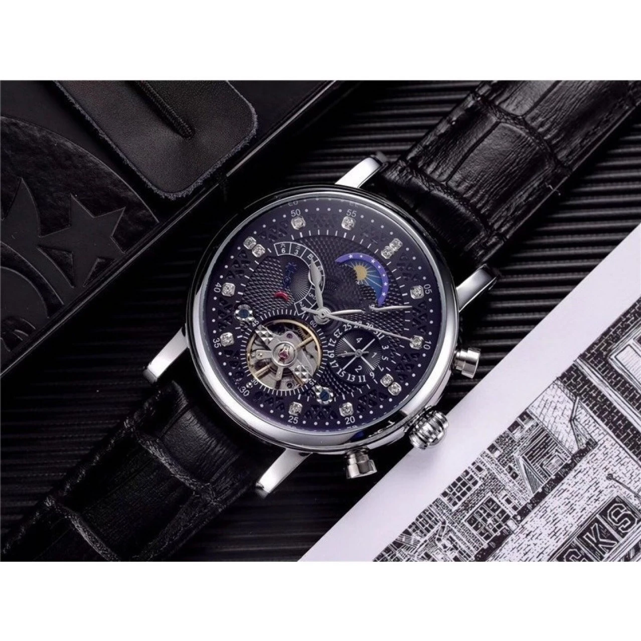 ساعة ميكانيكية أوتوماتيكية فاخرة للرجال بحزام جلدي رياضي مع ساعة رسمية عالية الجودة مرصعة بالألماس الأصلي #3