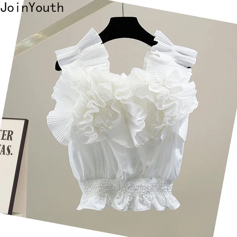 Sweet Crop Tops Summer Blouse for Women 2024 Blusas Mujer De Moda Sleeveless Shirt Square Collar Folds Ruffles Korean Blouses