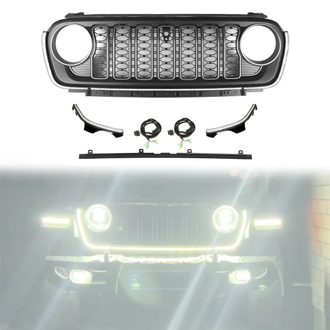 

For Front Bumper Car ABS Grill With DRL And Turn Singal Light 4x4 Accessories Grille 2018+ For Jeep Wrangler JL Gladiator JT