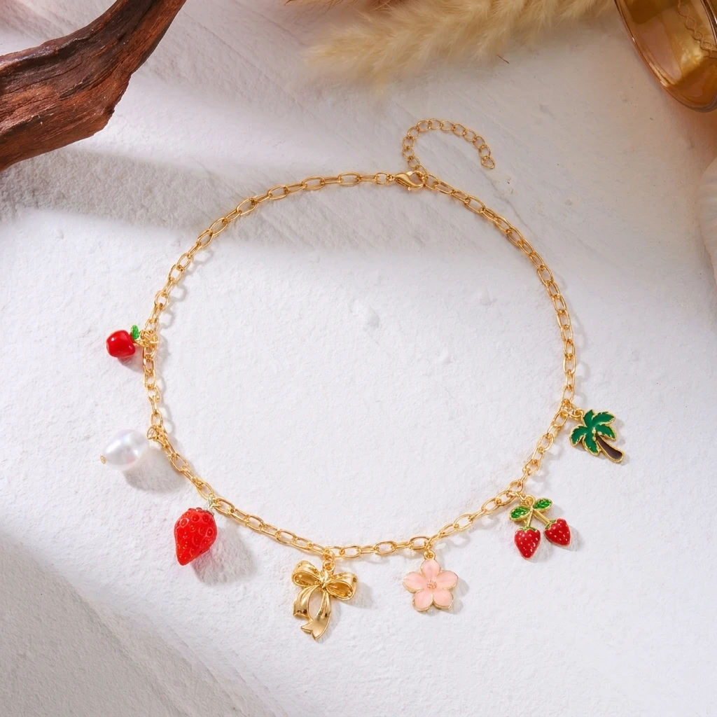 Y2K Süße Kirsch-Erdbeer-Mehrschichtige Halsketten für Frauen, Zierliche Niedliche Frucht-Schleifen-Anhänger, Schlüsselbein-Kette, Party-Schmuck Geschenke – Detail 7
