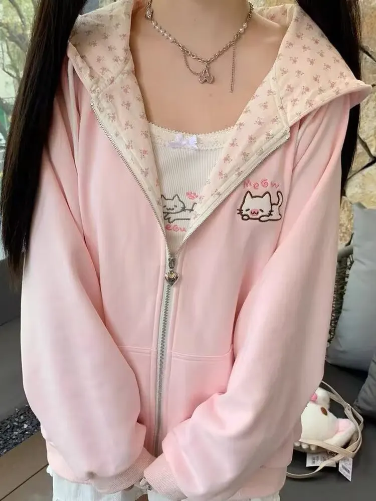Japanese Style Thin Long Sleeve Hoodie Zipper Cardigan Outerwear with Embroidery Cats Pattern for Women Spring Autumn Fashion