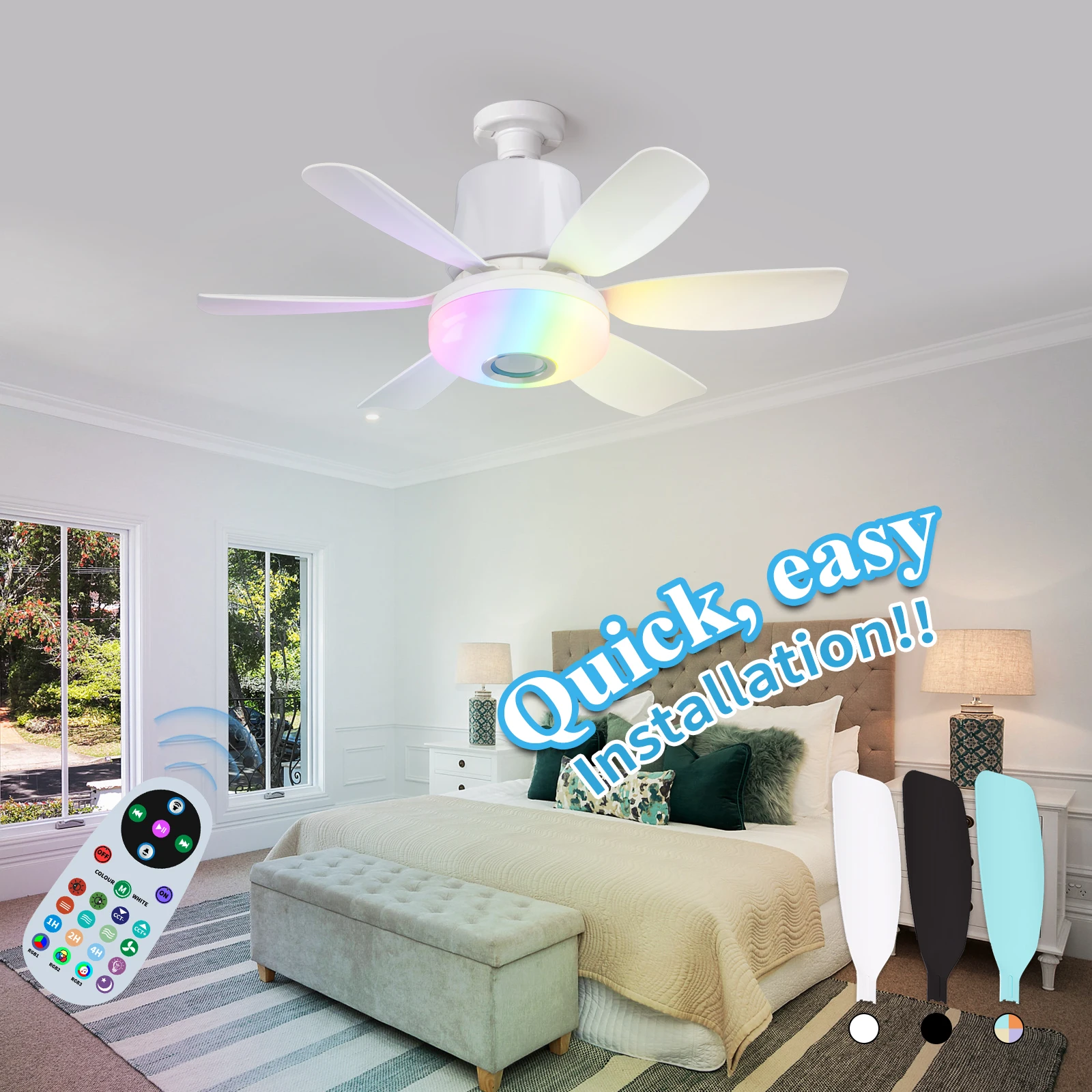 Smart RGB Rainbow Music Rhythm Speaker LED Ceiling Fan with Light- Remote Control Socket Fan Light
