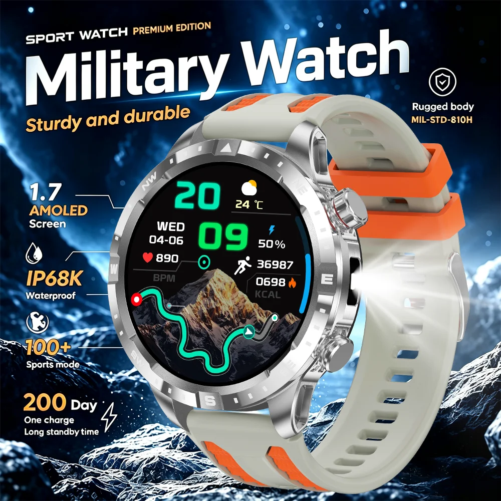 2026 New Model Military 1000mAh High Capacity Battery Smart Watch for Adult Men. Compass. 1.7-inch Large Screen. 10ATM Waterproo