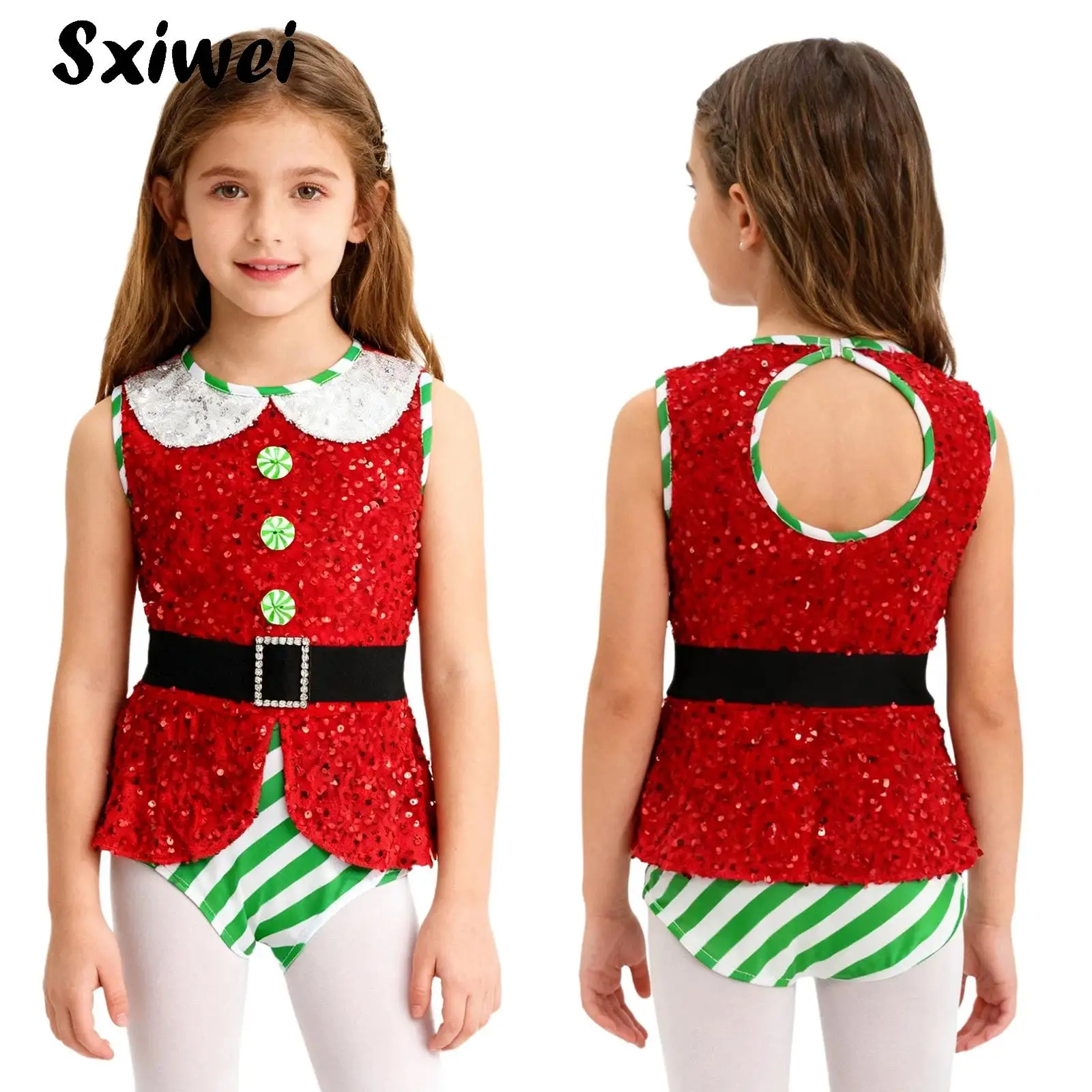 

Girl Christmas Dance Costume Candy Cane Striped Sequin Bodysuit Jumpsuit Unitard Xmas Holiday Santa Sweetie Leotard Dancewear