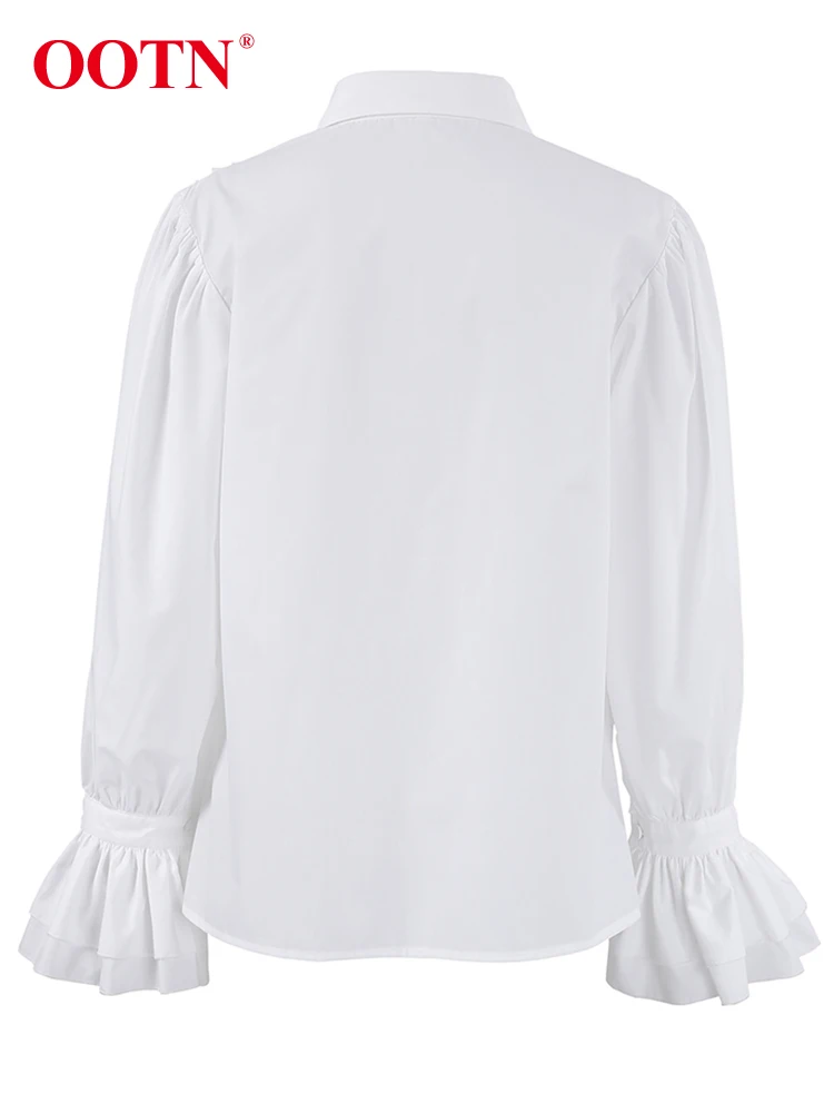 OOTN Elegant Puff Sleeve White Shirts Female Street Chic Ruffles Turn Down Collar Blouse Women Casual Long Sleeve Lady Tops 2023