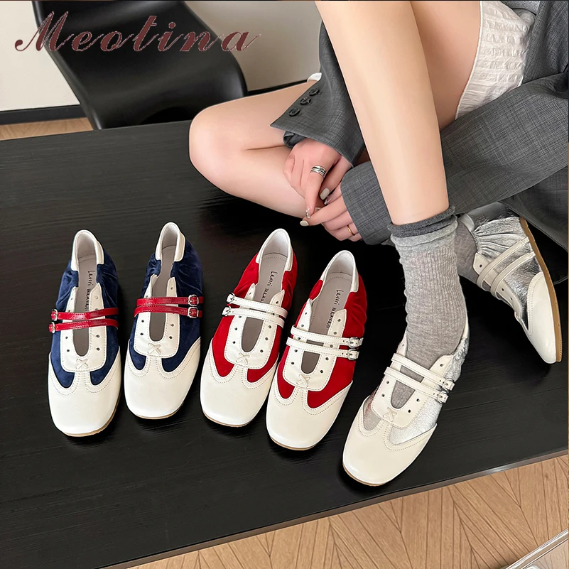 

Meotina Women Genuine Leather Sneakers Round Toe Flats Buckle Mixed Colors Sheepskin Concise Ladies Fashion Shoes Spring Autumn