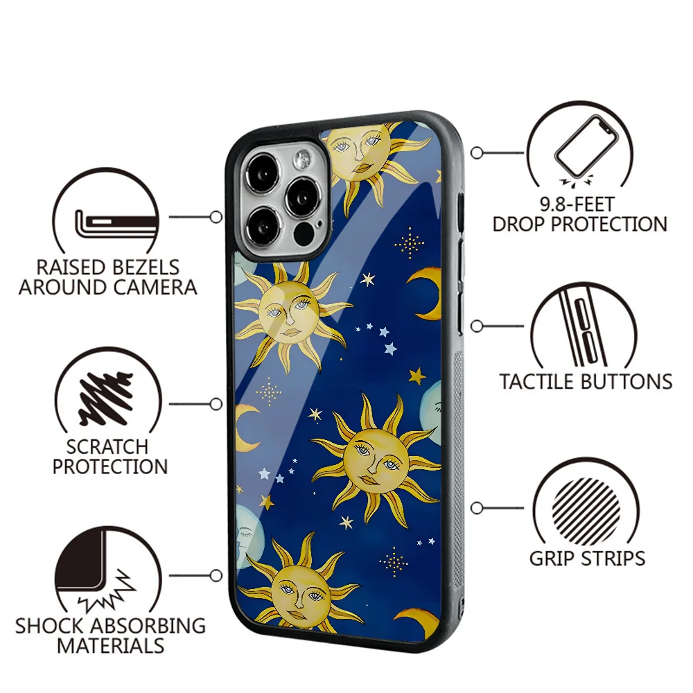 Vintage Stars Suns And Moons Celestial Phone Case For IPhone 11 12 13 14 15 Plus Pro Max Mirror Acrylic PC TPU Cover