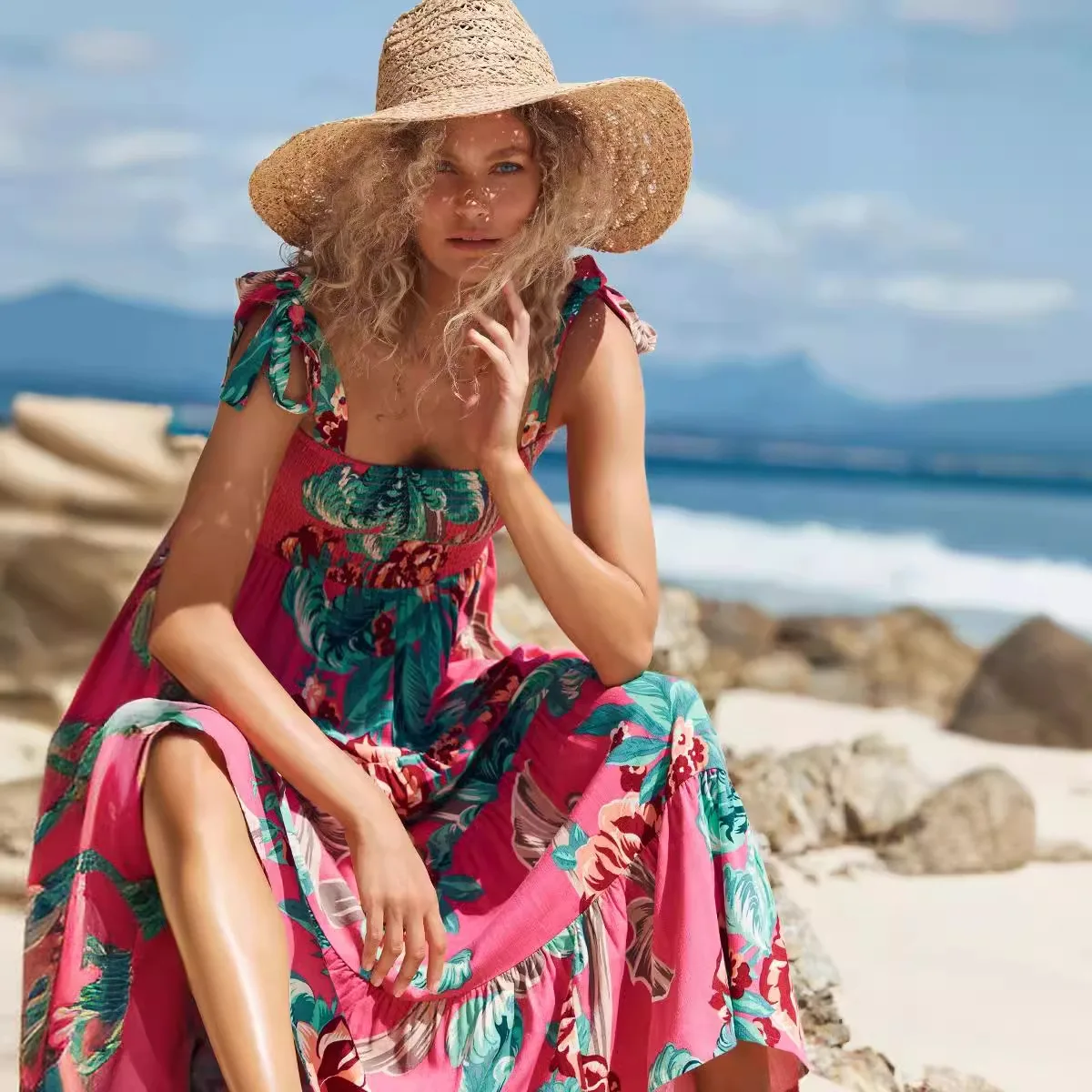 새로운 2025 여름 여성 Boho 미디 드레스 패션 프린트 스파게티 스트랩 섹시한 민소매 홀리데이 비치 드레스 여성 파티 Vestidos