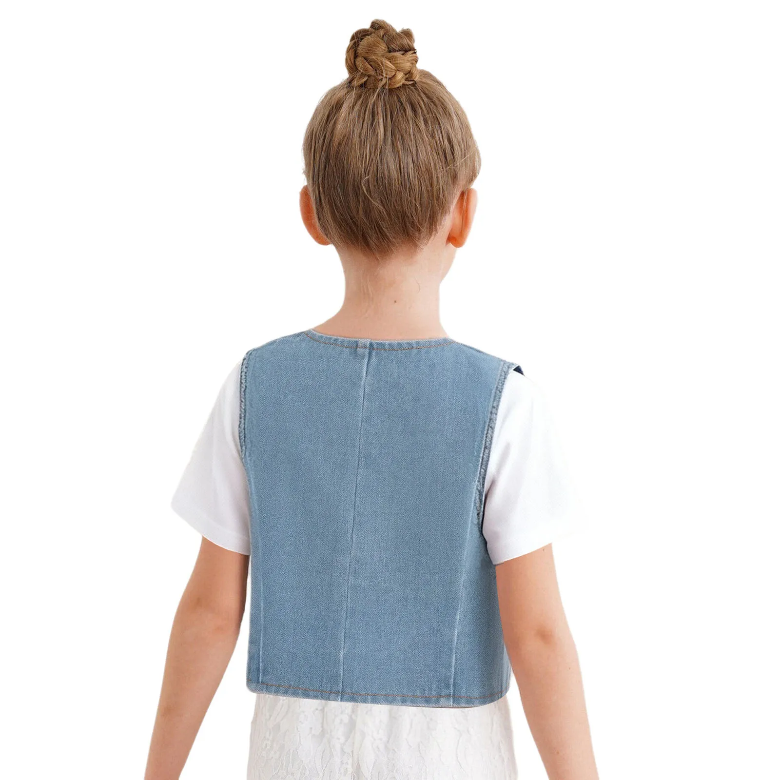 Kids Girls Denim Vest Casual Clothes Shiny Rhinestone Stars Sleeveless Buttons Jacket Asymmetrical Waistcoat for Performance