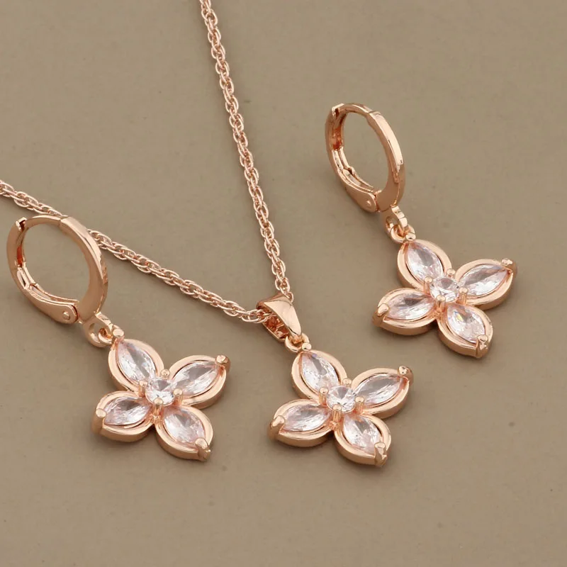 Elegant Luxury Women's Sets 585 Rose Gold Color Beautiful Flower Earrings And Pendant Cubic Zirconia Jewelry Set Gifts For New