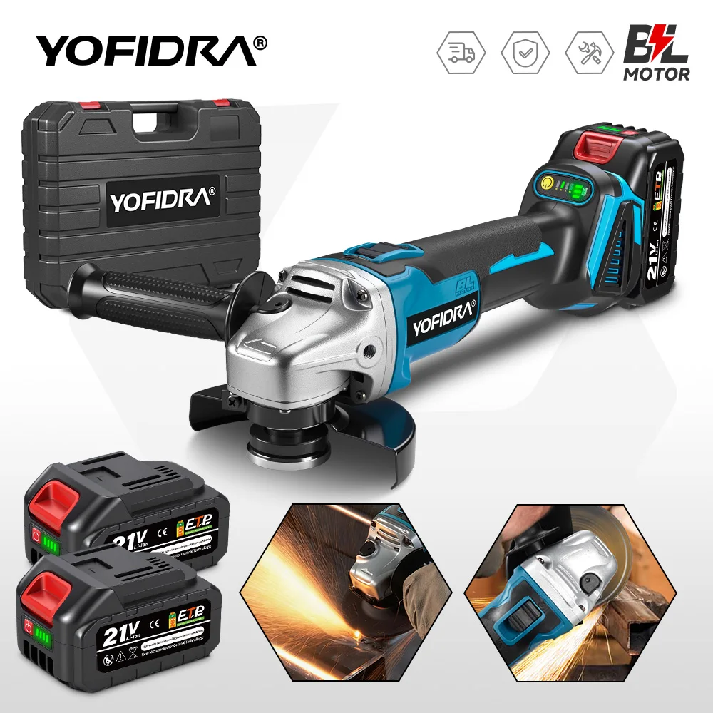 YOFIDRA 125mm Brushless Electric Angle Grinder 4 Gears Metal Wood Grinding Polishing Cutting Tool For Makita 18V-21V Battery Pin
