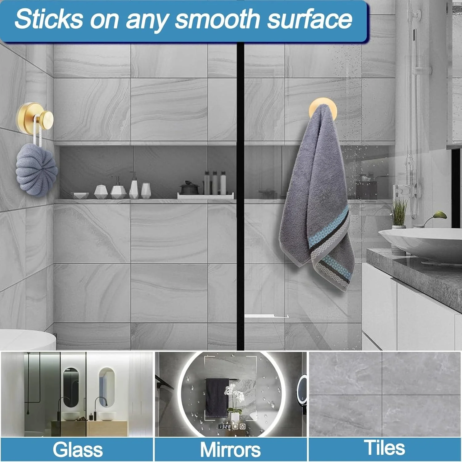 Glass window suction cup hook, bathroom non diamond towel hook, clothing hook, bathrobe jacket hook - gold (2-piece set)