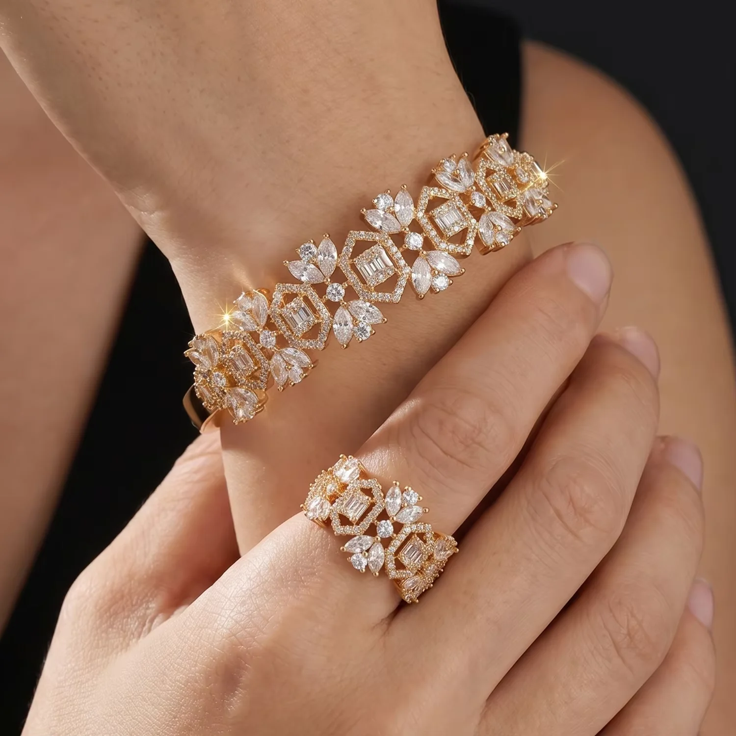 Women's Flower Cluster Cuff Bangle & Matching Ring Set, Adjustable Floral Jewelry