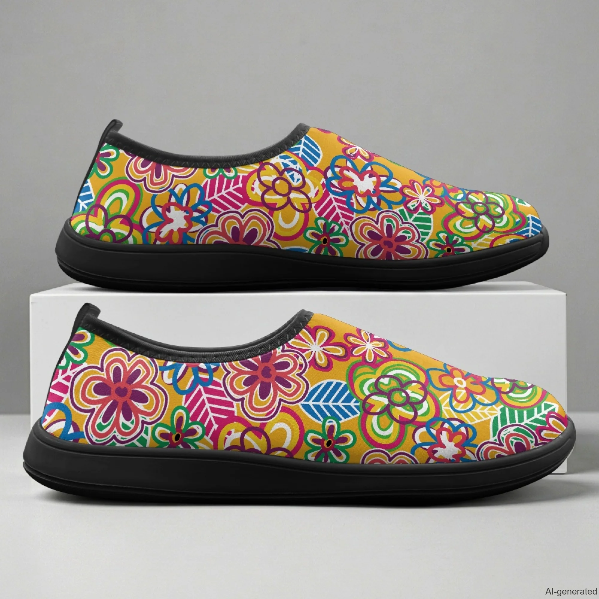 XIXIRIMIDO Slip-on Wide-toed Shoes Men's Breathable Mesh Shoes Hippie Flower Print Womens Fashion Sneakers Walking Shoes 36-46