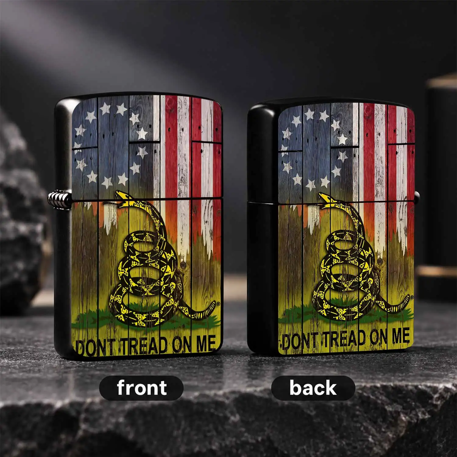 Vintage Dont Tread On Me American Flag Themed Portable Lighter Rustic Wooden Board Style Art Print Sleek Carry Accessory For Daily Travel Outdoor Camping Hiking Business Trip Multi Scenario Use Ideal Thoughtful Gift Fo A Humorous And Intere