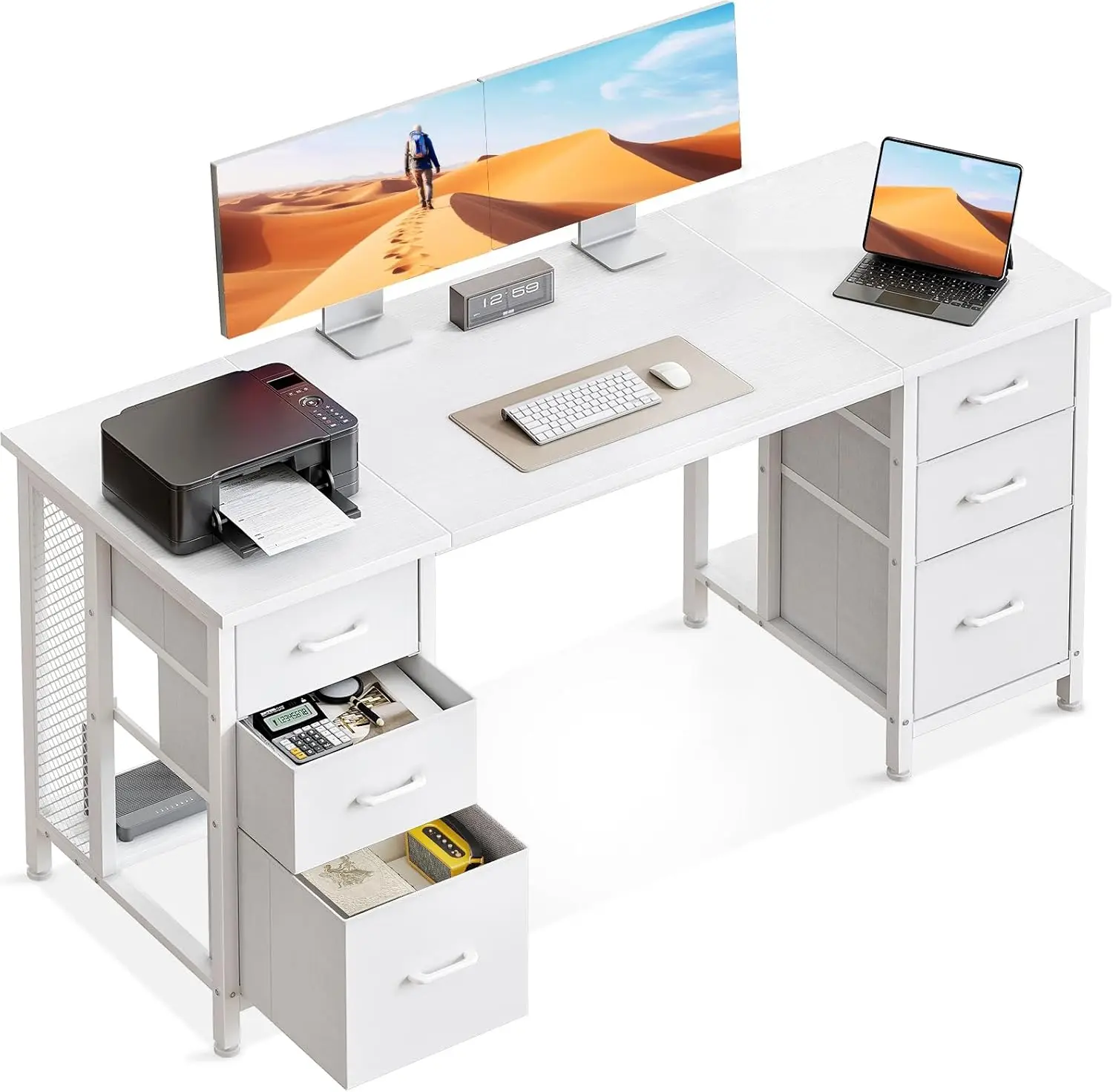Coleshome Schreibtisch mit 6 Schubladen,  Computertisch mit Ablageflächen, Schreibtisch Weiß  für Home Office, 160x52 cm, Weiß