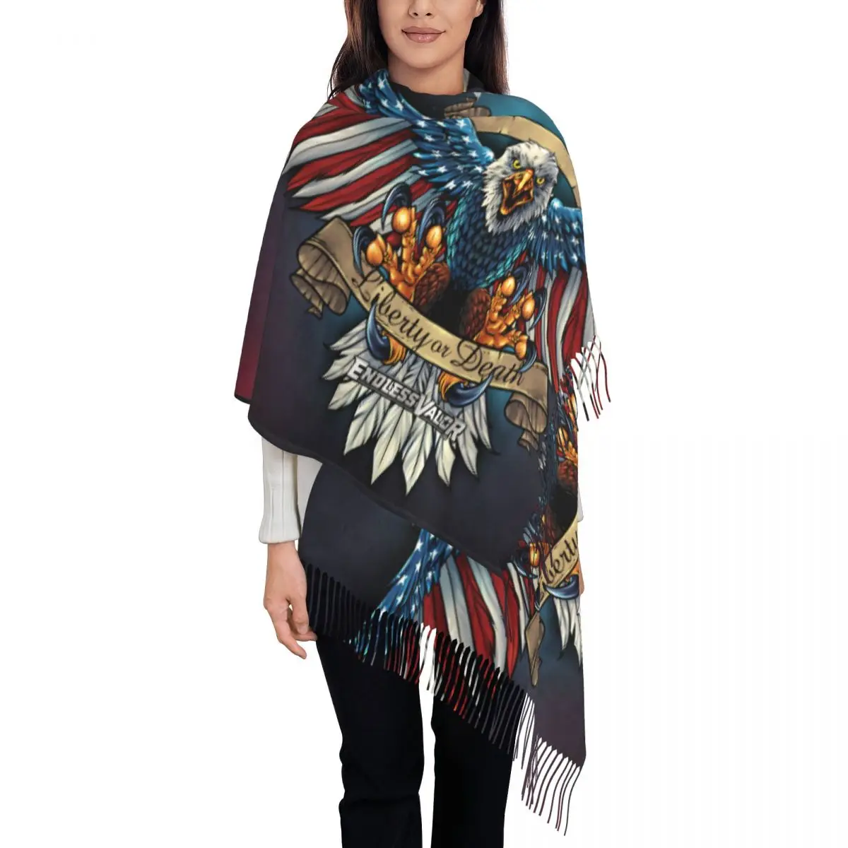 Luxury Eagle With US Flag Wings Tassel Scarf Women Winter Fall Warm Shawls Wraps Ladies American Flag Scarves