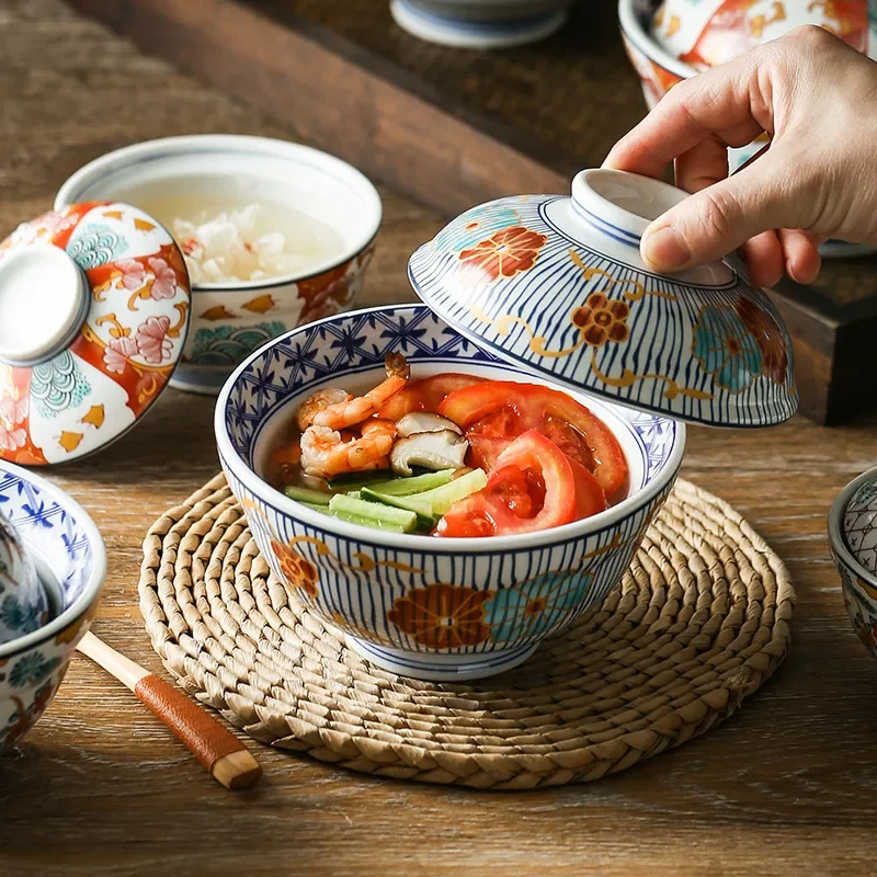 Japanese Style Ceramic Steamed Egg Stew Pot With Lid Large Rice Noodle Bowl Fruit Salad Soup Kitchen Tableware