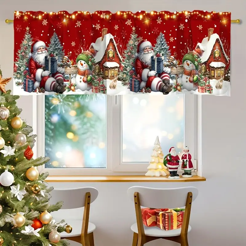 VIKAMA Christmas Short Curtains Valances Santa Snowman House Kitchen Window Home Winter Holiday Window Decor